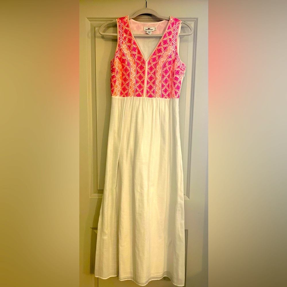 White Sleeveless Linen Dress with Pink Embroidery